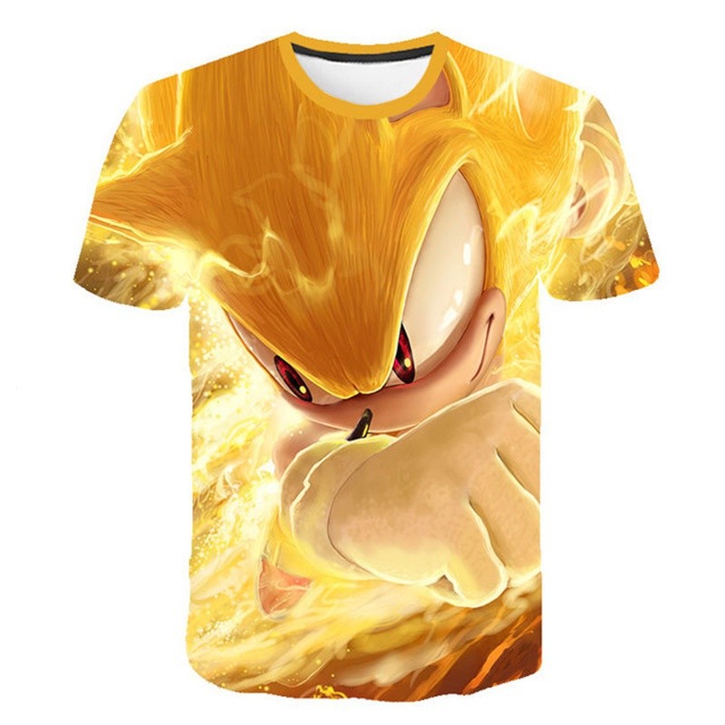 แฟชั่น Cool YELLOW childen's 3D Sonic เสื้อยืดแขนสั้น Super Sonic Tops สำหรับ Boys
