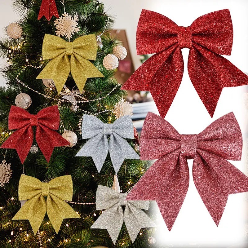 2pcs Christmas Bows สําหรับพวงหรีดต้นไม้ของขวัญบรรจุตกแต่ง Bling Bowknot ต้นคริสต์มาสแขวนเครื่องประดับตกแต่งปีใหม่