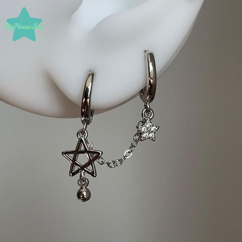 [BigHouseSea] 1pcs เงินสี Star Chain Double Ear Hole หูกระดูกเล็บ Y2K แฟชั่น Hottie ต่างหูผู้หญิงเครื่องประดับใหม่