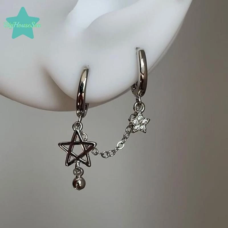 [BigHouseSea] 1pcs เงินสี Star Chain Double Ear Hole หูกระดูกเล็บ Y2K แฟชั่น Hottie ต่างหูผู้หญิงเครื่องประดับใหม่