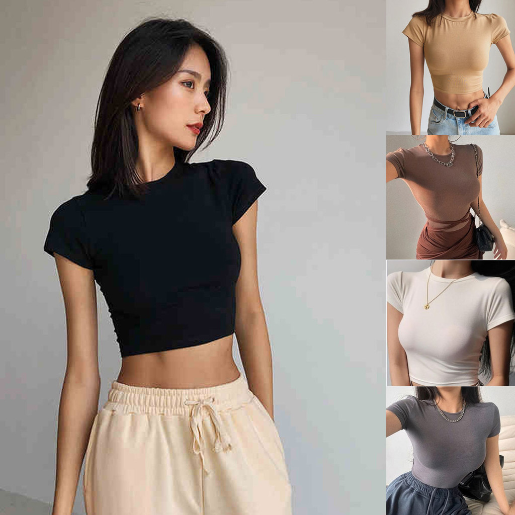 Dahong 2667เสื้อยืดรัดรูป เสื้อครอปแขนสั้น สื้อเอวลอย คอกลมแขนสั้น สาวอวบใส่ได้ เก็บทรงหุ่นดีมาก พรางหุ่น