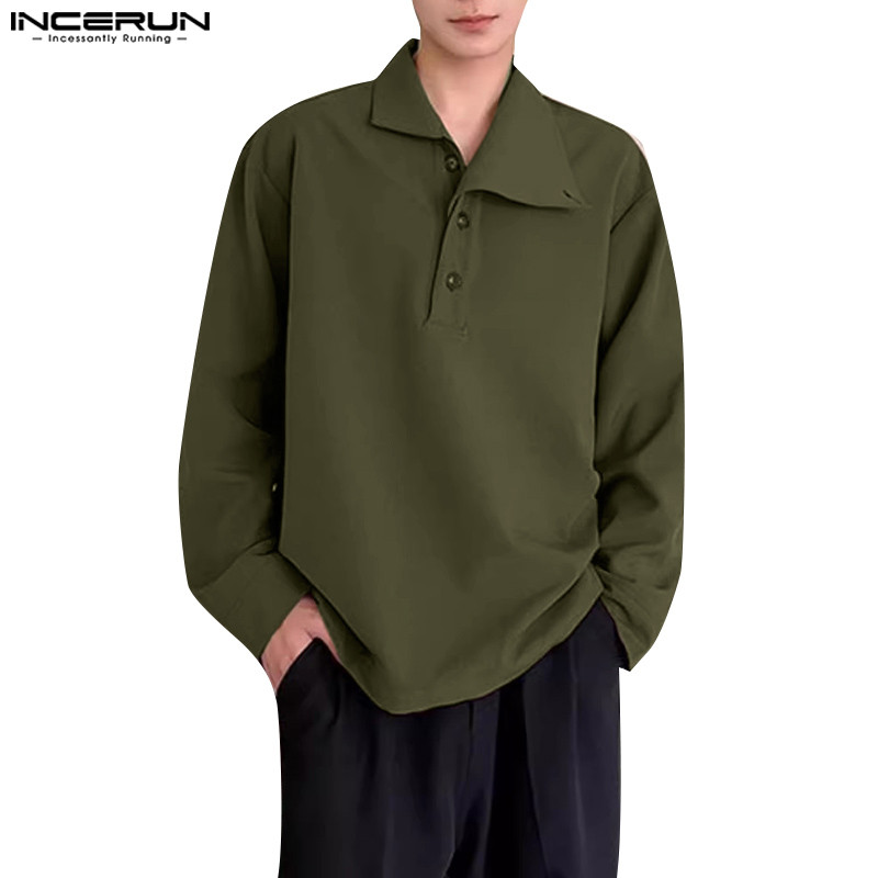 Incerun ผู้ชายเกาหลีลําลองไม่สมมาตรคอปกหลวมเสื้อแขนยาว