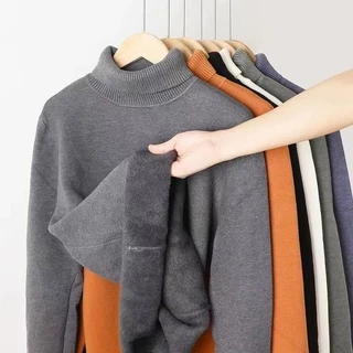 MRJJVIALY เสื้อกันหนาวผู้ชายสไตล์เกาหลีหลวม อิน สีทึบคอสูงหนาถักด้านใน จับคู่