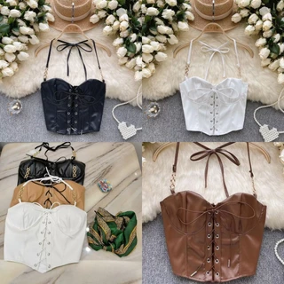 QY.Shop⭐️สินค้าราคาพิเศษ⭐️เสื้อคล้องคอ หลังสม็อคน่ารัก ผ้าหนัง มีฟองน้ำ สีพื้นเท่มาก "FY9067#1"