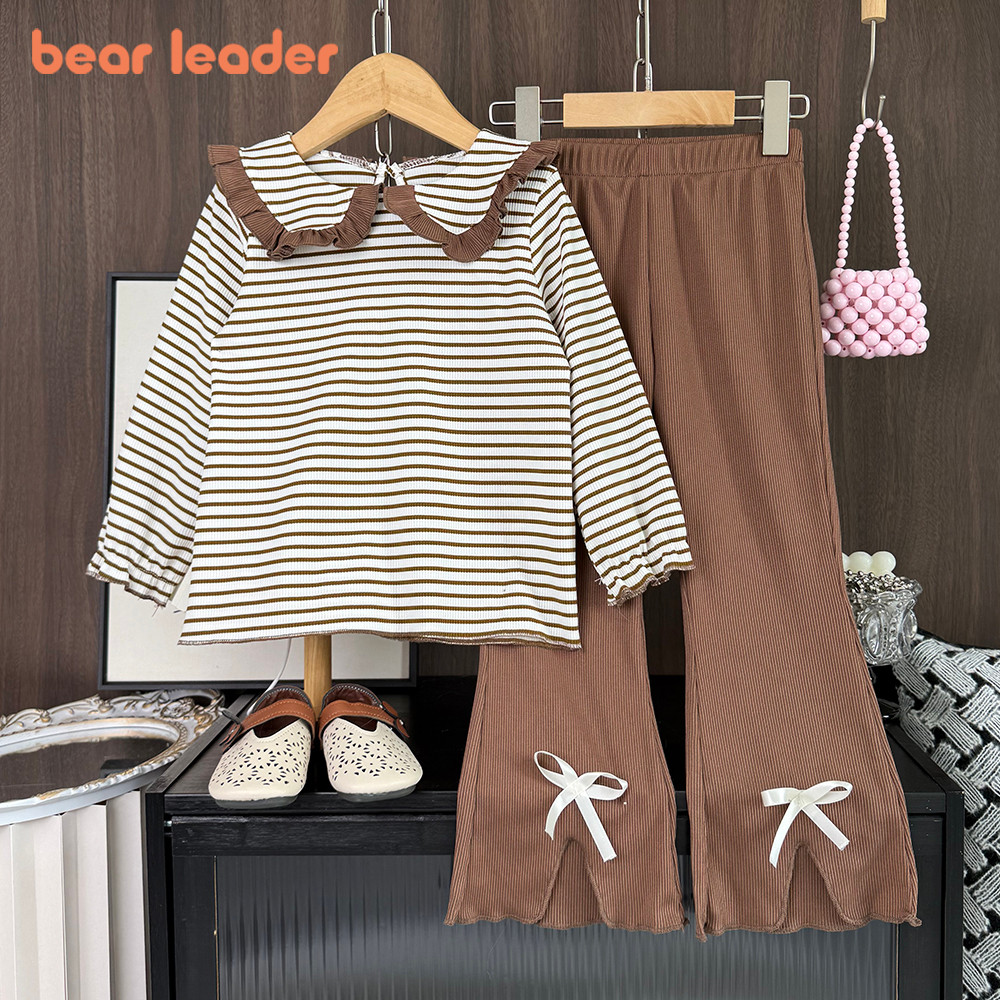 หมีผู้นําปกสบายๆสาวเสื้อยืดสูทฤดูใบไม้ร่วงเวอร์ชั่นเกาหลีใหม่จีบลายเสื้อกันหนาวด้านบน+โบว์กางเกงสองชิ้นชุดแขนยาวฤดูใบไม้ผลิเด็กเสื้อผ้า