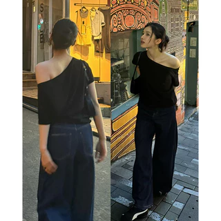 GAKKI เสื้อยืดแขนสั้นเปิดไหล่สำหรับผู้หญิงในฤดูร้อน ดีไซน์เฉพาะตัว เสื้อเปิดไหล่หลวมๆ รุ่น GGYF-02#