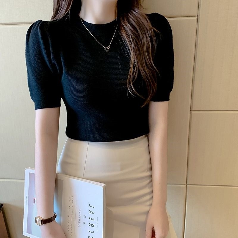เสื้อกันหนาวแขนสั้นพัฟสำหรับผู้หญิง สไตล์ใหม่ ลดอายุ ดูผอมและสูงขึ้น