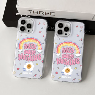 เคสมือถือ For iPhone 11 15 16 14 13 12 Pro Max X XS XR 13 12 Pro 15 16 Plus Case ดอกไม้สีรุ้ง ครีม IMD แบบนิ่ม TPU เคส