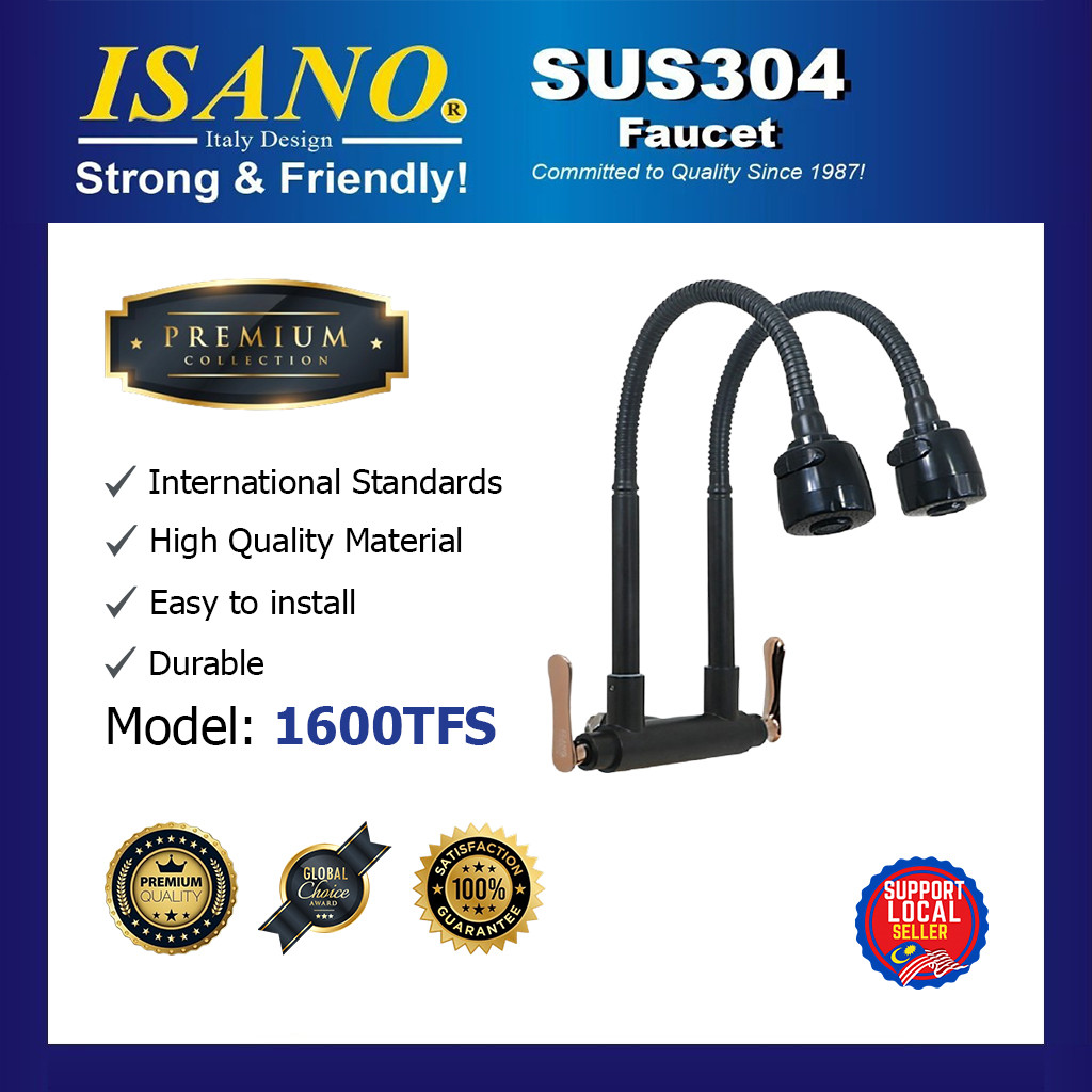 [ ISANO ] 1600TFS SUS304 Nano Black ก๊อกน้ําห้องครัวแบบยืดหยุ่นคอคู่ Wall Sink Tap