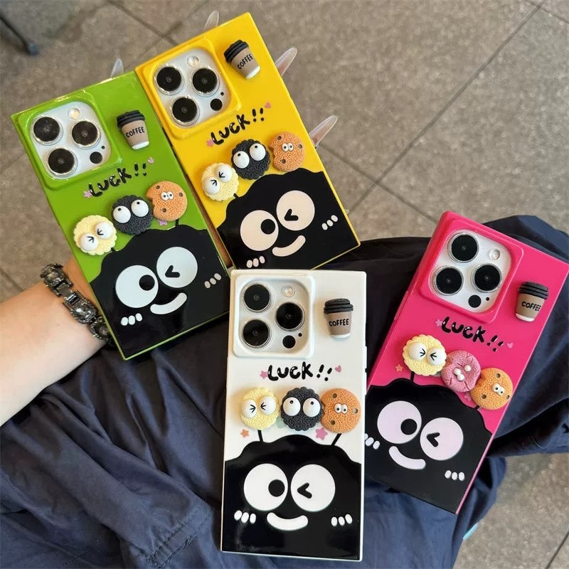 น่ารักการ์ตูน 3D ลูกถ่านหินสีดําบิสกิตสแควร์ซิลิโคนเคสโทรศัพท์สําหรับ iPhone 17Promax 16Promax 16Pro 11 12 13 14 15 Pro Max 15Plus กันกระแทกผู้หญิงฝาครอบมือถือ