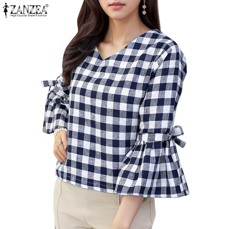 ZANZEA เสื้อลำลองสำหรับผู้หญิง สไตล์เกาหลี แขน 3/4 คอวี ลายสก๊อต กางเกงรัดด้วยสายคาด