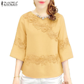 ZANZEA เสื้อลำลองสำหรับผู้หญิง สไตล์เกาหลี แขนสาม quart ลายด…