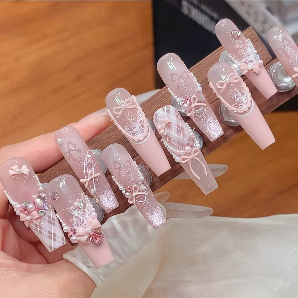 HANDMADE + กาวฟรีกดบนเล็บ Bow Choker Cat Eye Fairy Lace ยาวและสั้น Phototherapy เล็บปลอมเล็บเทียมนํากลับมาใช้ใหม่ได้