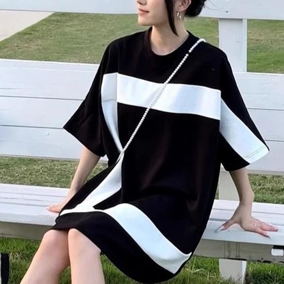 Oversize A-Line Dress สำหรับ 여성 สีตัดกัน ขนาดกลาง รองรับไซส์ใหญ่ 40-150kg