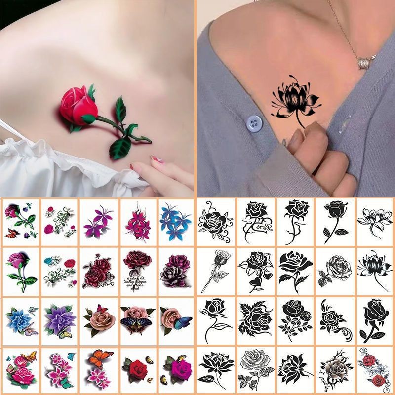 สติ๊กเกอร์รอยสัก 3D กันน้ำติดทน ดีไซน์เหมือนจริง Easy-to-Clean Rose Butterfly Clavicle สติกเกอร์ 257