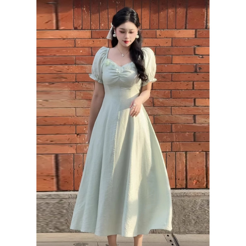 พร้อมส่ง M-4XL เดรสสีมิ้นท์แขนตุ๊กตา เดรสคอเหลี่ยมยาว จับจีบอก ทรง A-line เดรสออกงาน พลัสไซซ์