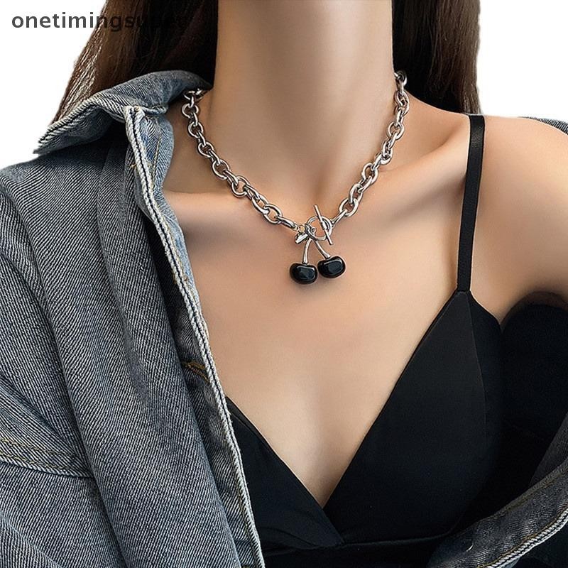 Onetiming Super ชุดเครื่องประดับจี้ Choker และสร้อยข้อมือ สไตล์ Punk สีแดงเชอร์รี่ สำหรับผู้หญิง เครื่องประดับสำหรับงานปาร์ตี้ในฤดูร้อน OTP