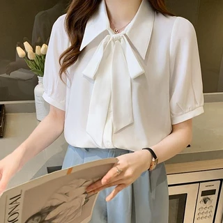 S-2XL เสื้อเชิ้ตทำงานผู้หญิงผูกโบว์หลวมบางแขนสั้นเสื้อชีฟอง