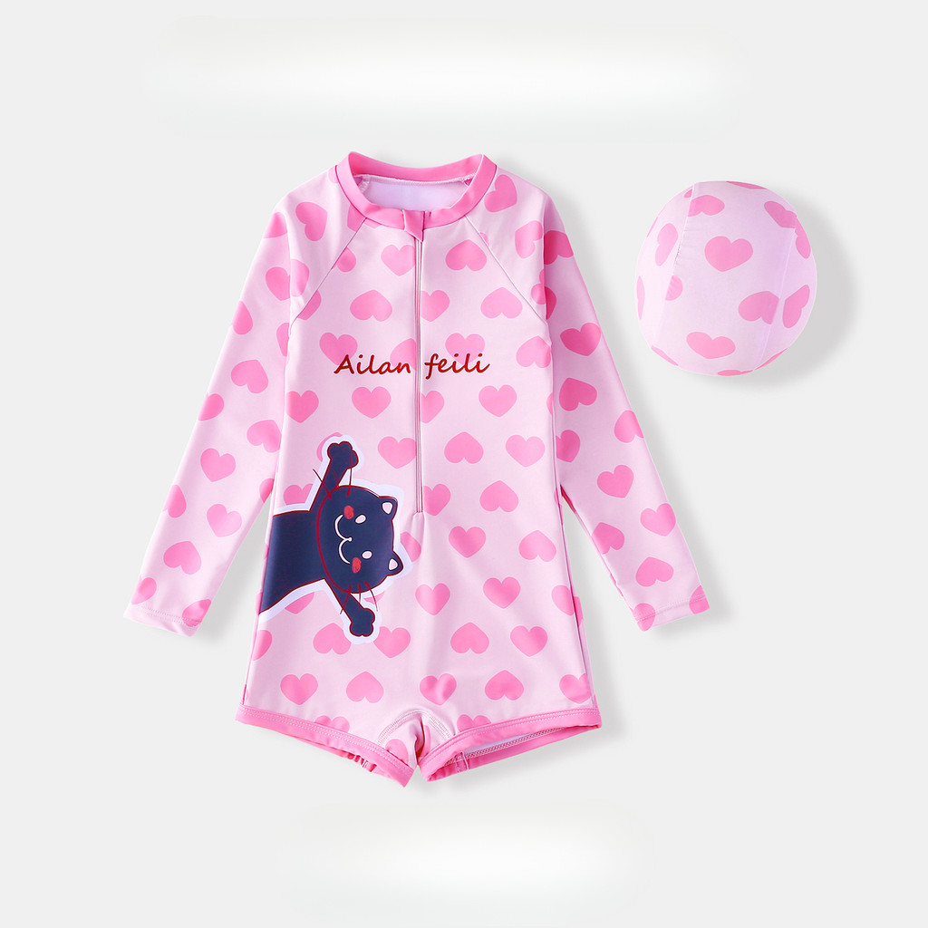 ชุดว่ายน้ําเด็กผู้หญิง ลายการ์ตูนแมว สีชมพู แขนยาว กระโปรง ผ้าสองชั้น แห้งไว และป้องกันแสงแดด