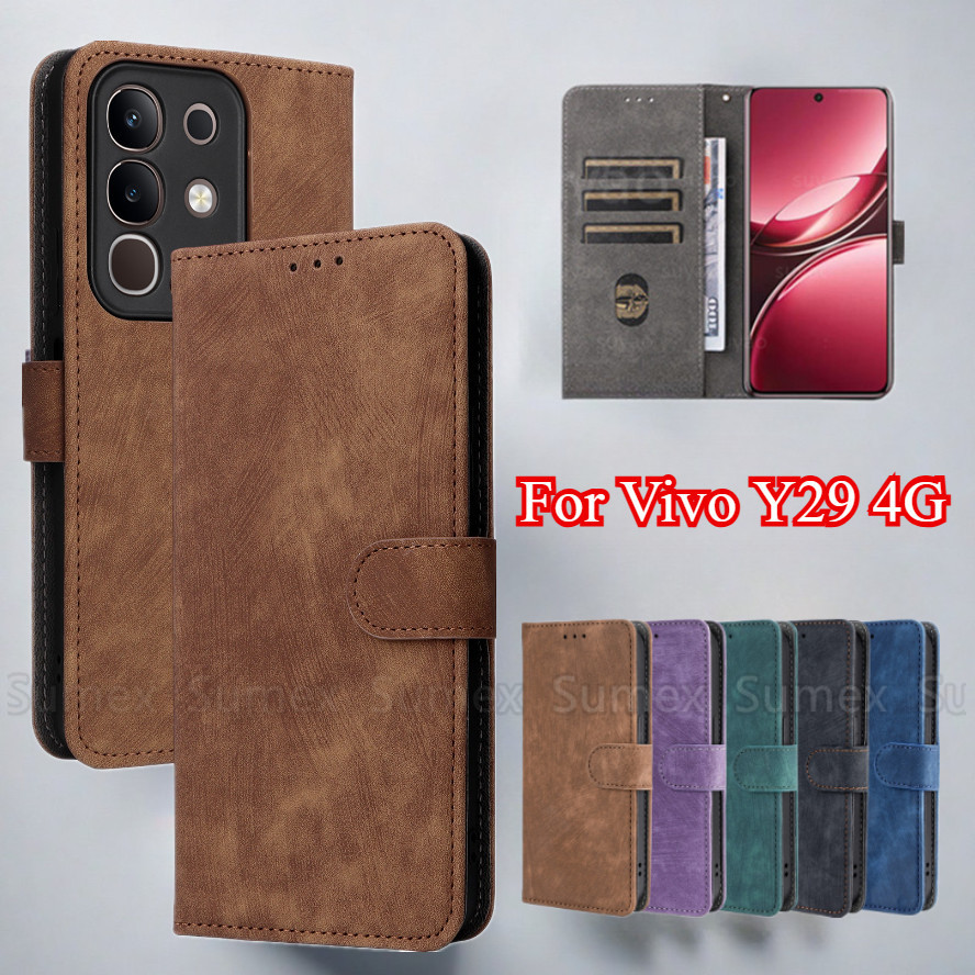 ฝาครอบหนังสําหรับ Vivo Y29 4G 2025 ขาตั้งแม่เหล็กช่องใส่การ์ดกระเป๋าสตางค์เคสโทรศัพท์ Anti Theft RFI