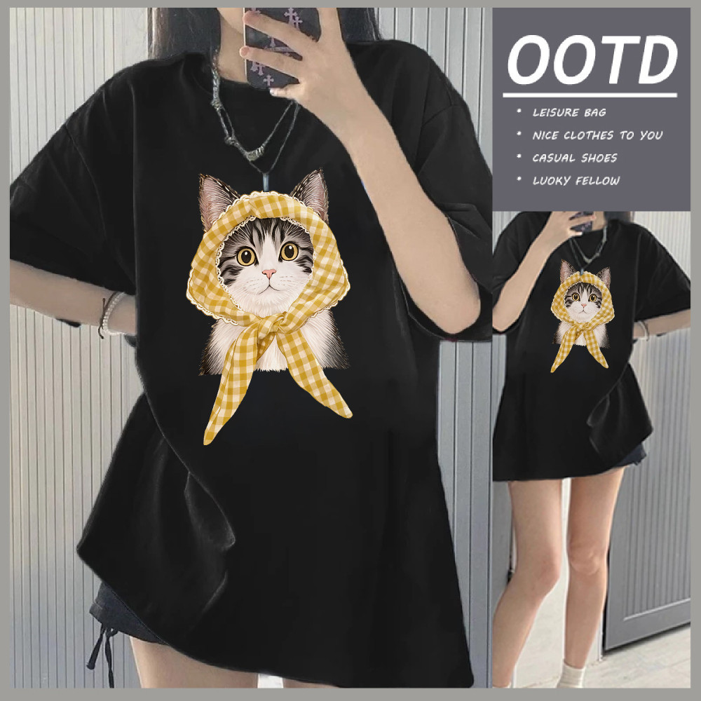 Top.street เสื้อยืด oversize cotton100% แฟชั่น สไตล์เกาหลี เสื้อยืดทรงผู้หญิง 'Cute Cat' ใส่สบาย เสื้อระบาย ฤดูร้อน 2025