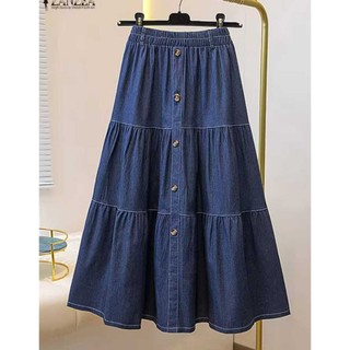 Ruffle kancing A-Line Rok Jeans Skirt Wanita Panjang Tebal Nyaman
