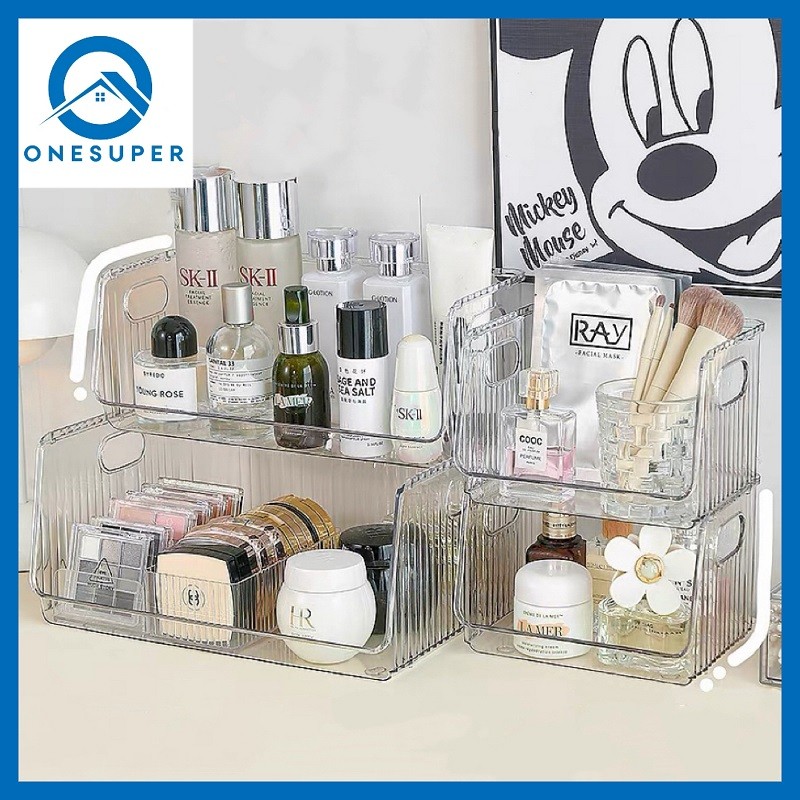 Onesuper ชั้นวางของ วางซ้อนกันได้ กล่องใส ที่เก็บของแบบตั้งโต๊ะ ประหยัดพื้นที่ หลายขนาด สไตล์มินิมอล