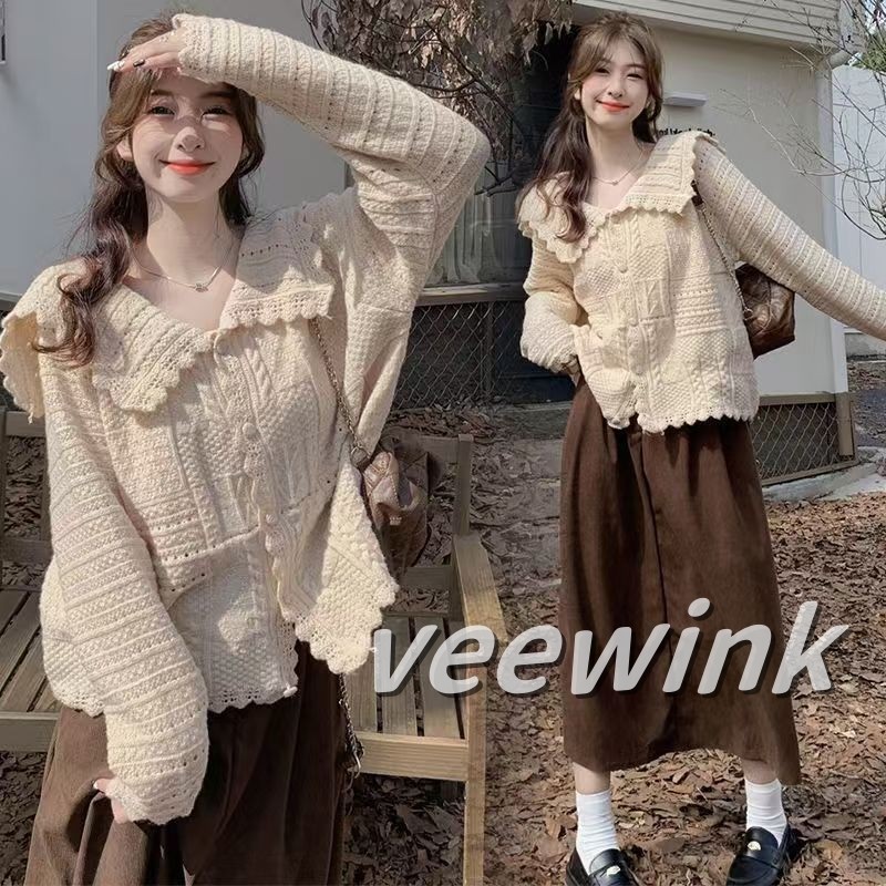 Veewink เสื้อสเวตเตอร์สไตล์เกาหลี แฟชั่นฝรั่งเศส ทรงน่ารัก เนื้อผ้านุ่ม สำหรับหน้าหนาว-ใบไม้ผลิ