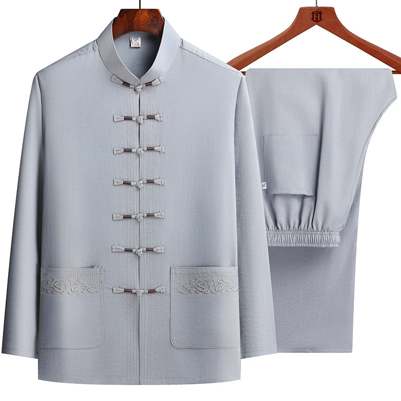 ชุดลำลองผู้ชายในสไตล์จีน เหมาะกับฤดูใบไม้ผลิและฤดูใบไม้ร่วง กับเสื้อแขนยาวเบาๆ สำหรับฤดูร้อน