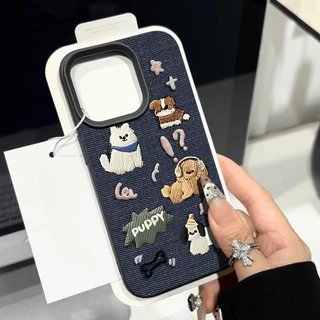 เคสไอโฟน Iphone 17 16 15 14 13 12 11 Pro Max X Xr Xs Max เคสโทรศัพท์การ์ตูนปักคาวบอยลูกสุนัขคู่หนังนุ่มปกหลัง