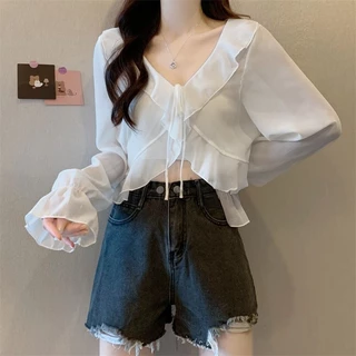 เสื้อคลุมแขนยาวงานชีฟองบาง ดีเทลเชือกผูกโบว์ด้านหน้า แนวสาวเกาหลี ชายแต่งระบาย ผ้าดีใส่สบาย น่ารักมาก