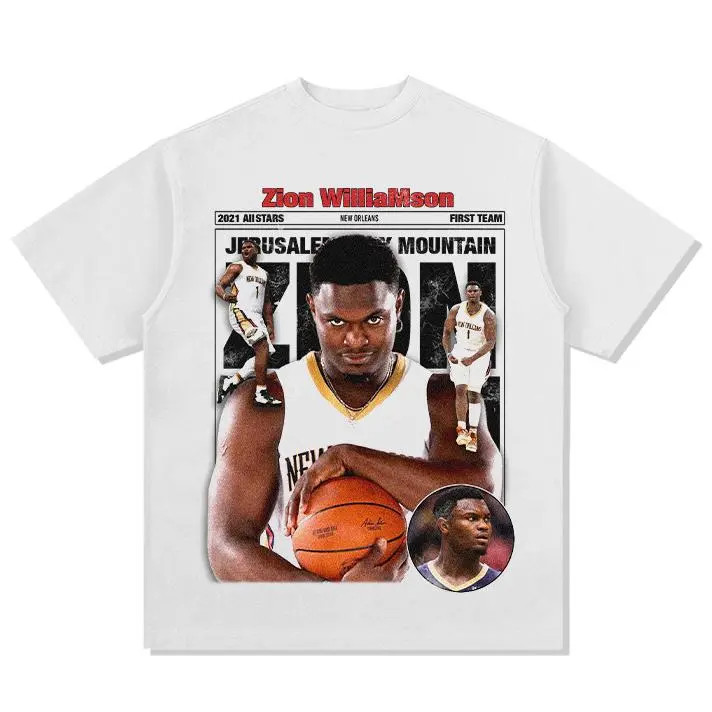 เสื้อยืดแขนสั้นผ้าฝ้ายหนัก ลายเรโทรของ Zion Williamson อเมริกันบาสเกตบอล