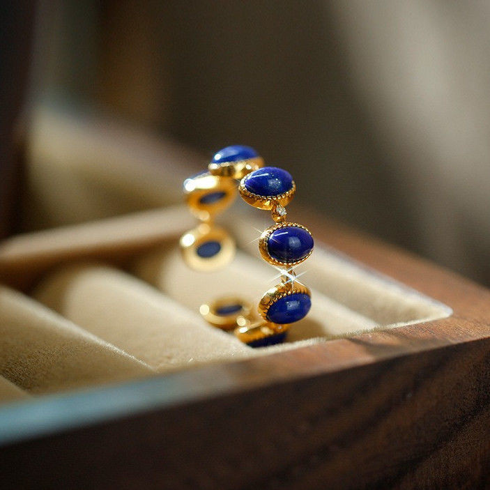 ความรู้สึกการออกแบบที่ไม่ซ้ํากัน Lapis Lazuli เพชร Retro ไข่ Face เปิดแหวน