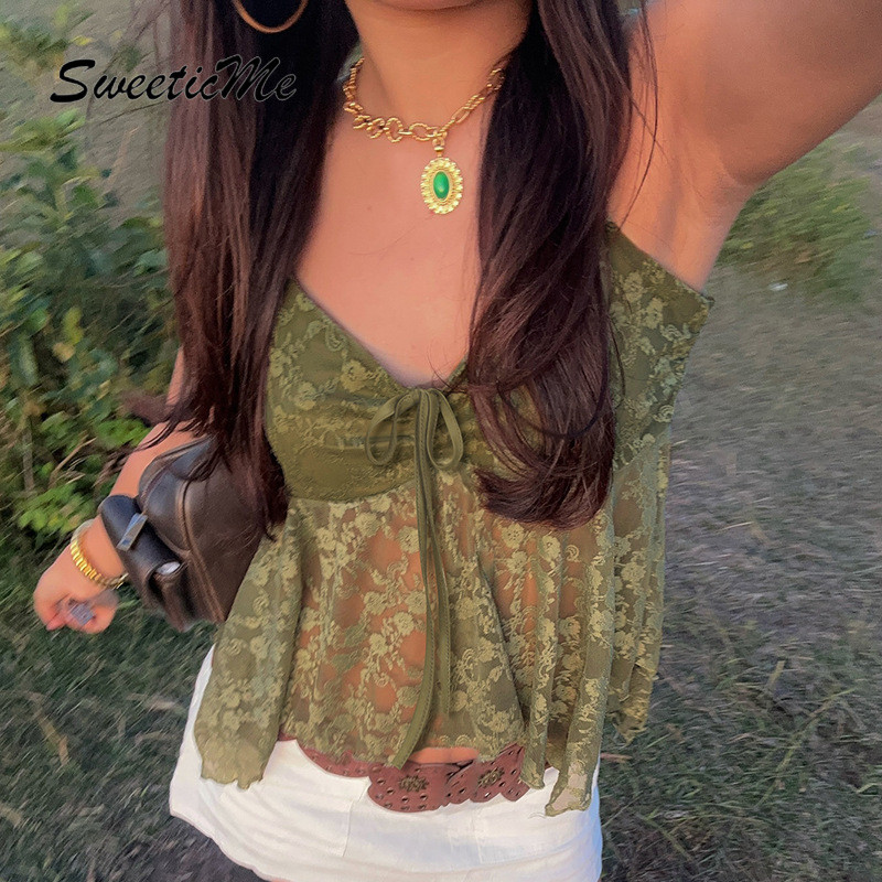 SweeticMe เสื้อ.camisole หญิง ลายลูกไม้เซ็กซี่ ปี2025 มีเชือกลากสีเขียว — صورة 4