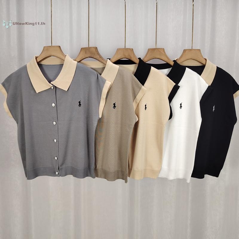 UNewKing Lapel Contrast สีกระดุมแถวเดียวฤดูร้อนแขนสั้น Casual All-match Cozy ผู้หญิงเสื้อยืด th