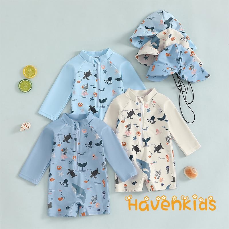 HaK-Kids Boys ชุดว่ายน้ําแขนยาว Casual Marine สัตว์พิมพ์ซิปรุ่น Rash Guard เหมาะสำหรับชายหาด มาพร้อมหมวก สำหรับเด็กอายุ 0-3 ปี
