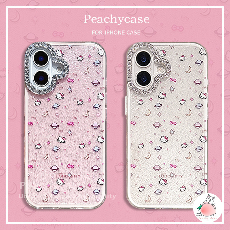น่ารักดาวเคราะห์ดวงจันทร์Hello Kitty Glitterเพชรกล้องกรอบเคสโทรศัพท์เข้ากันได้สําหรับiPhone 16 15 14 Plus 13 12 Pro Max 11 Anti-Dropป้องกันTPU + PC 2 in 1 Mobile Shell