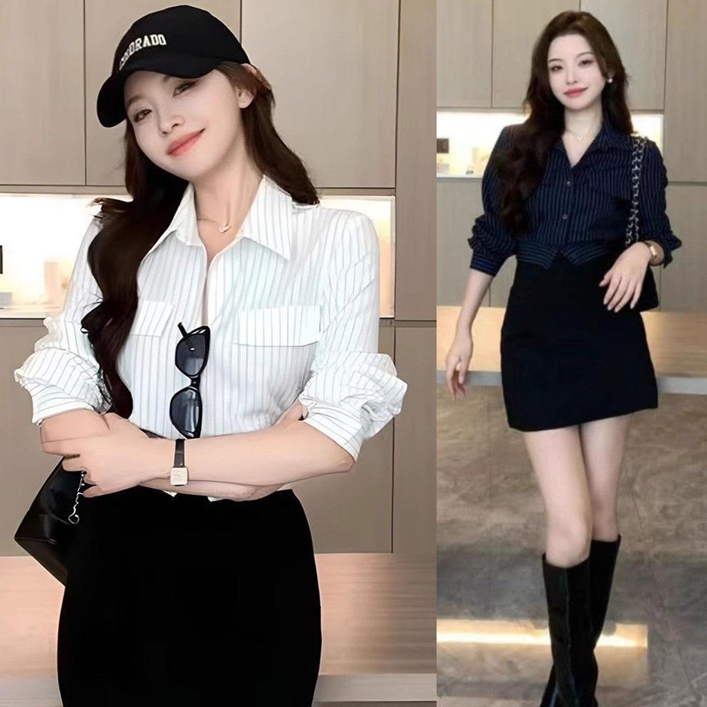 Chemsiegrace✅ W629 เสื้อเชิ๊ตแขนยาวคอปกทรงสั้น  สีขาว/ฟ้า  สวยม๊วฟ สไตล์เกาหลี เสื้อมินิมอล