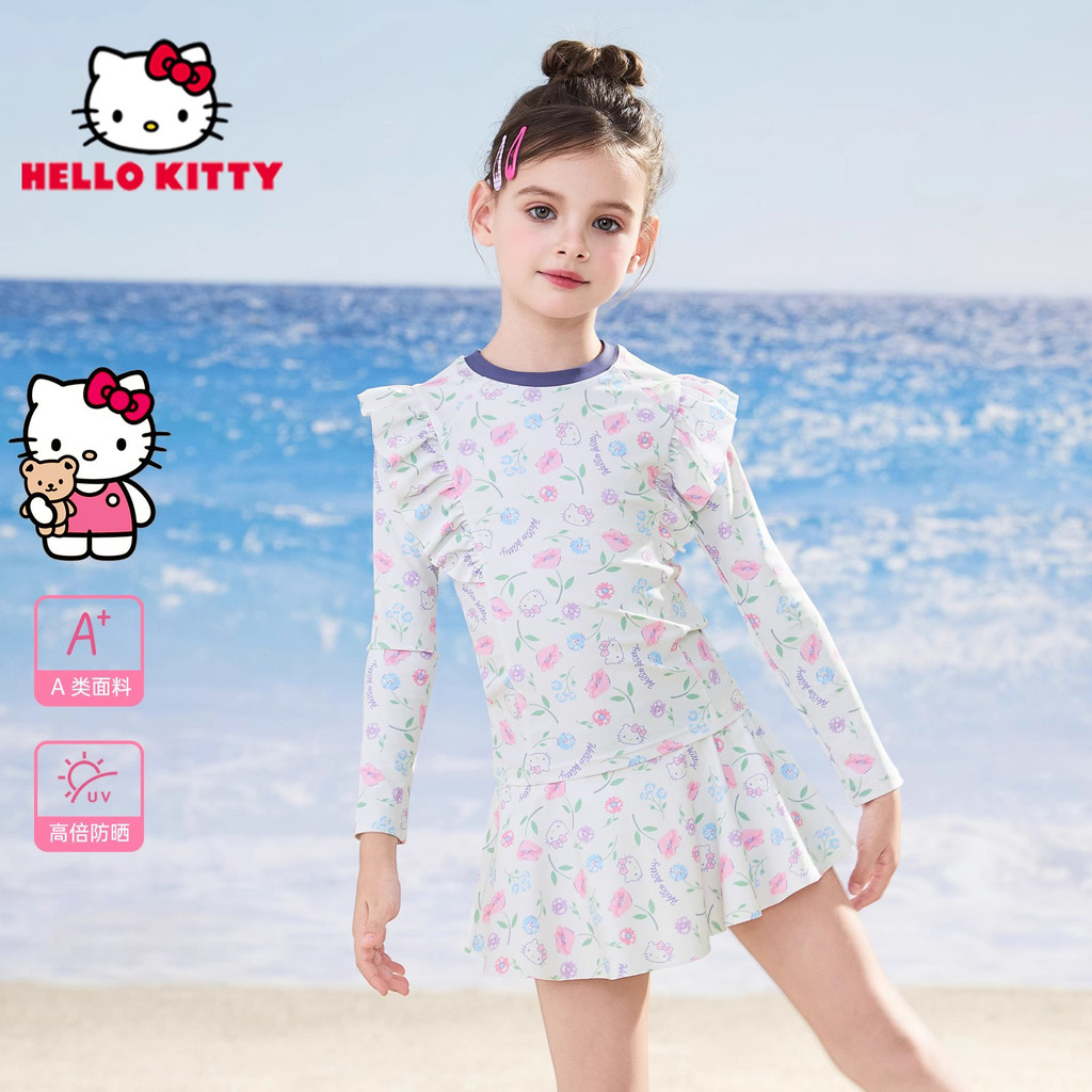 HelloKitty ชุดว่ายน้ำแขนยาวเด็กผู้หญิง ปี 2025 สไตล์ใหม่แห้งไว