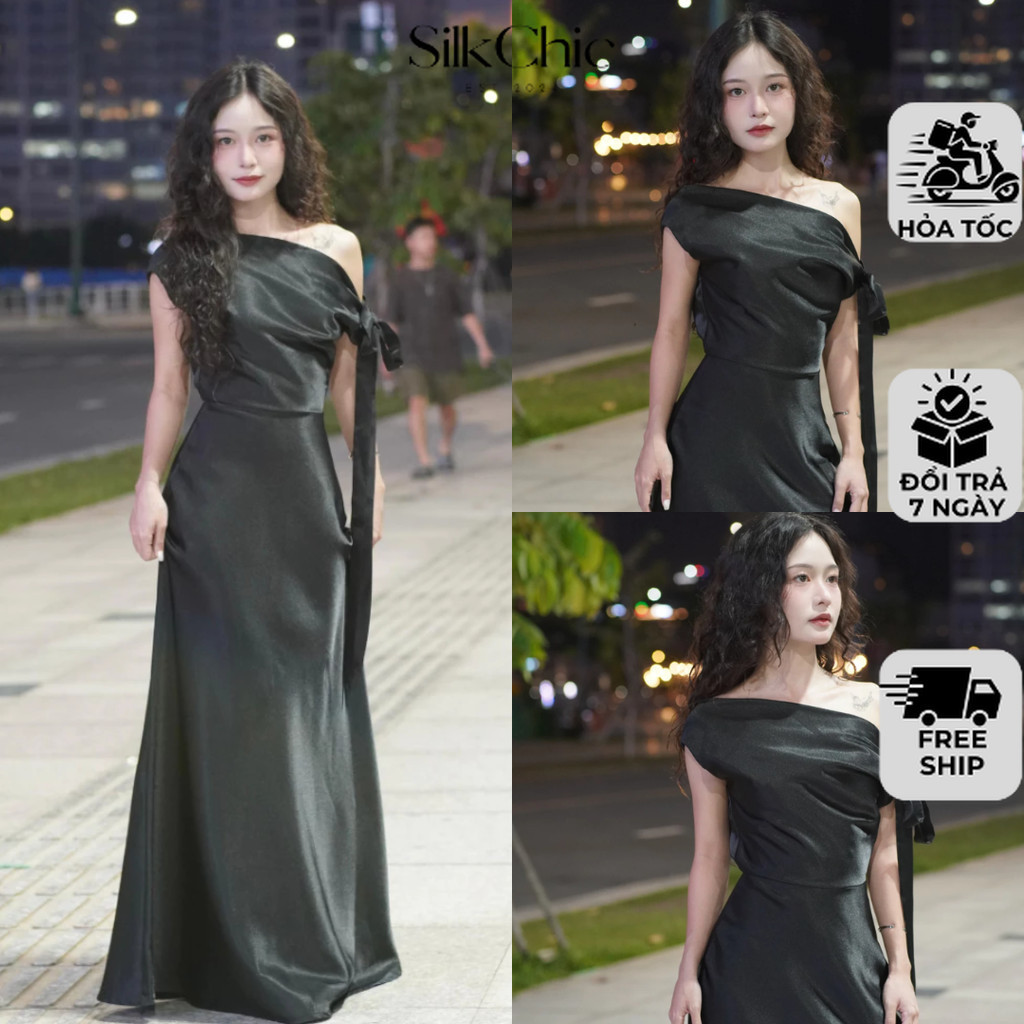 ชุดปาร์ตี้ผ้าไหมปิดไหล่พร้อมโบว์ปิดไหล่ผ้าไหมเกาหลี SC684 ชุดผ้าไหมปิดไหล่ลูกไม้ขึ้นชุดแต่งงาน