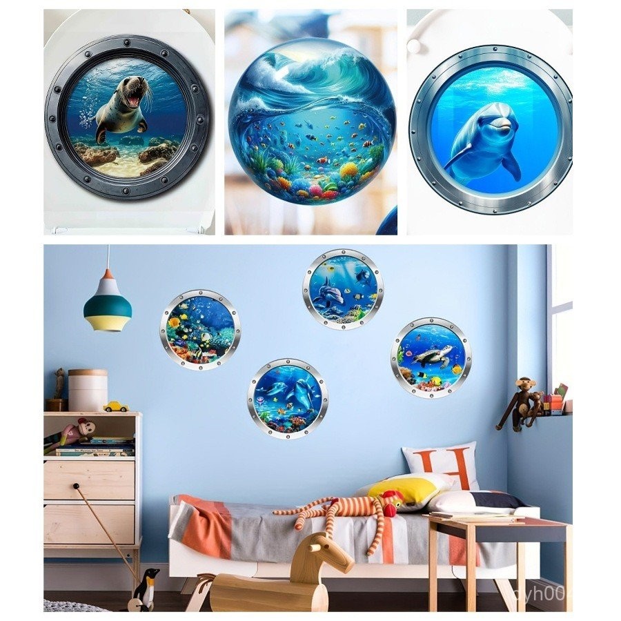 Cross-Border ห้องน้ําตกแต่งบ้านซีล Self-Adhesive สติ๊กเกอร์ติดผนัง World Dolphin เครื่องซักผ้า 3D ตก