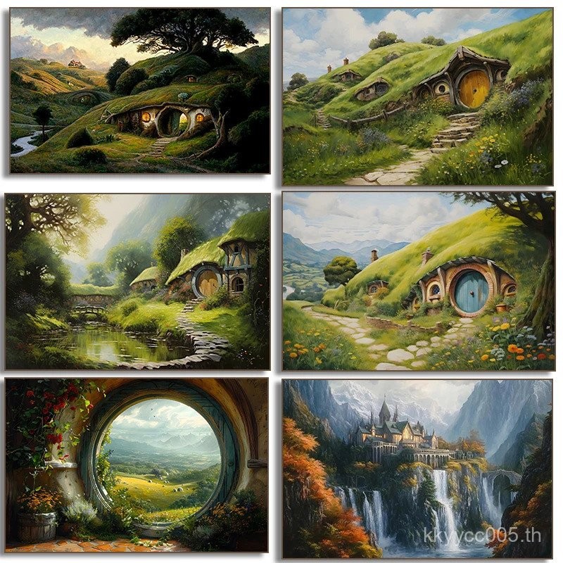 H-Hobbit House ภาพวาดผ้าใบศิลปะพิมพ์, Shire ภูมิทัศน์ Wall Art, ธรรมชาติชนบทแฟนตาซีสําหรับห้องนั่งเล