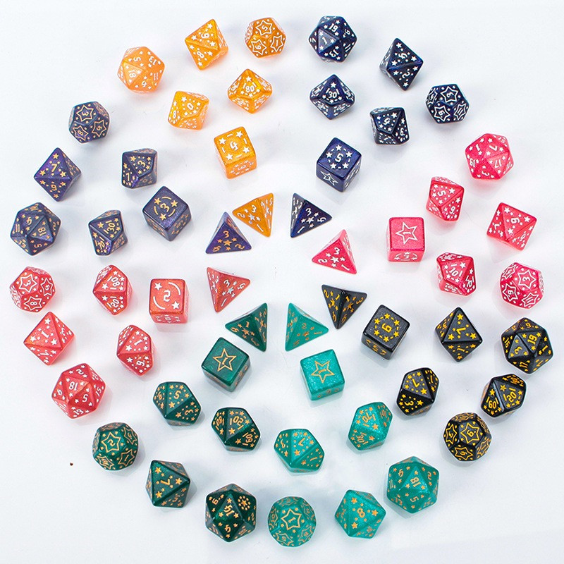 acrylic set of 7-piece star-carved dice D4, D6, D8, D10, D12, D20 multi-sided dice in 8 colors for a