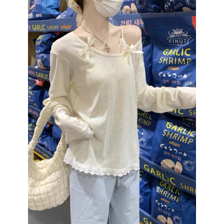 Cicishop(CM2086) เสื้อคอกลมทรงหลวมใส่สบายบางเบา ดีเทลแต่งโบว์และลูกไม้น่ารักคาวาอี้