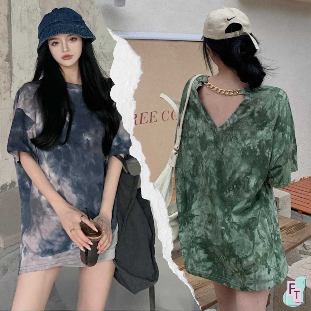💢FT อินเทรนด์💢เสื้อยืดลายมัดย้อม คอด้านหลังแต่งโซ่ทอง ทรงโอเวอร์ไซส์ 2 สี