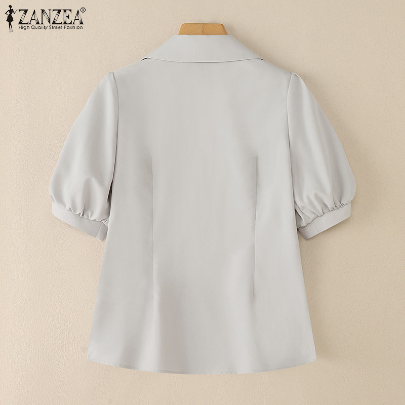 ZANZEA เสื้อเชิ้ตแขนสั้นสไตล์เกาหลี สำหรับผู้หญิง แบบคอวีติดกระดุม - รูปที่ 7