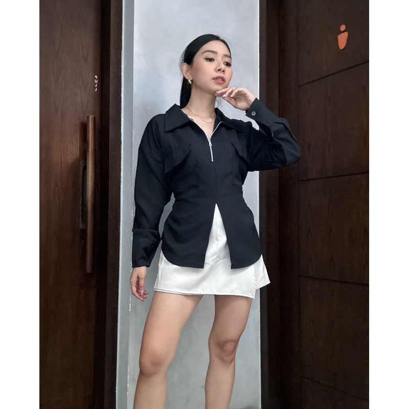 SERENITY [A026] NINE9 Yuri Longslevees Slit Shirt - Womens Semiwool Pocket Top