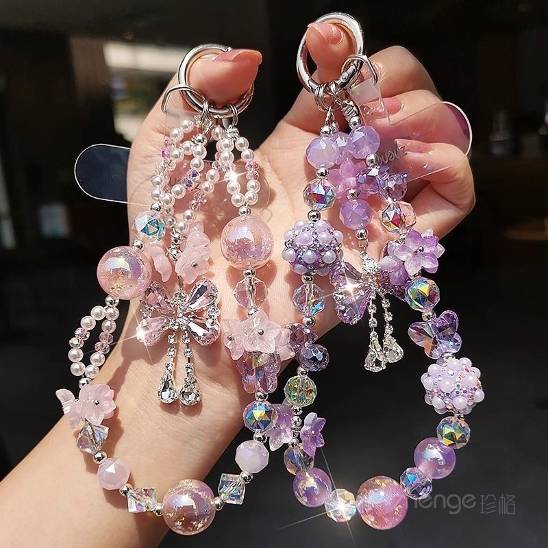จี้ห้อยโทรศัพท์สีม่วง จี้ห้อยโทรศัพท์คริสตัลสีชมพู จี้ห้อยโทรศัพท์รูปผีเสื้อสุดหรู กระเป๋าแฟชั่น