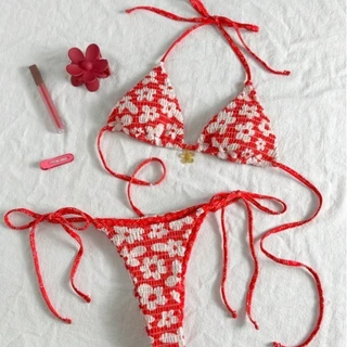 🤍Summer Girl💖Bikini set บิกินี่ 2 ชิ้น ลายพิมพ์ เชือกผูก ขนาดปรับได้ รุ่นใหม่ พร้อมฟองน้ำ ชุดไปทะเล