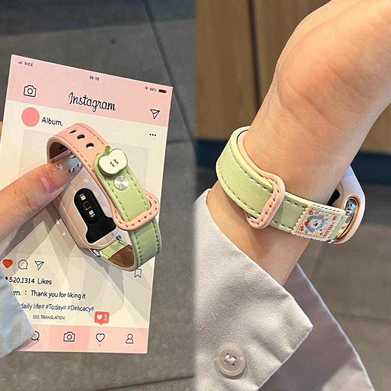 สายรัดหนังบางลายการ์ตูนน่ารักสำหรับ Xiaomi Smart Band 10 Band 9 Band 8 สายสมาร์ทวอทช์แฟชั่นพร้อมเคสป้องกัน